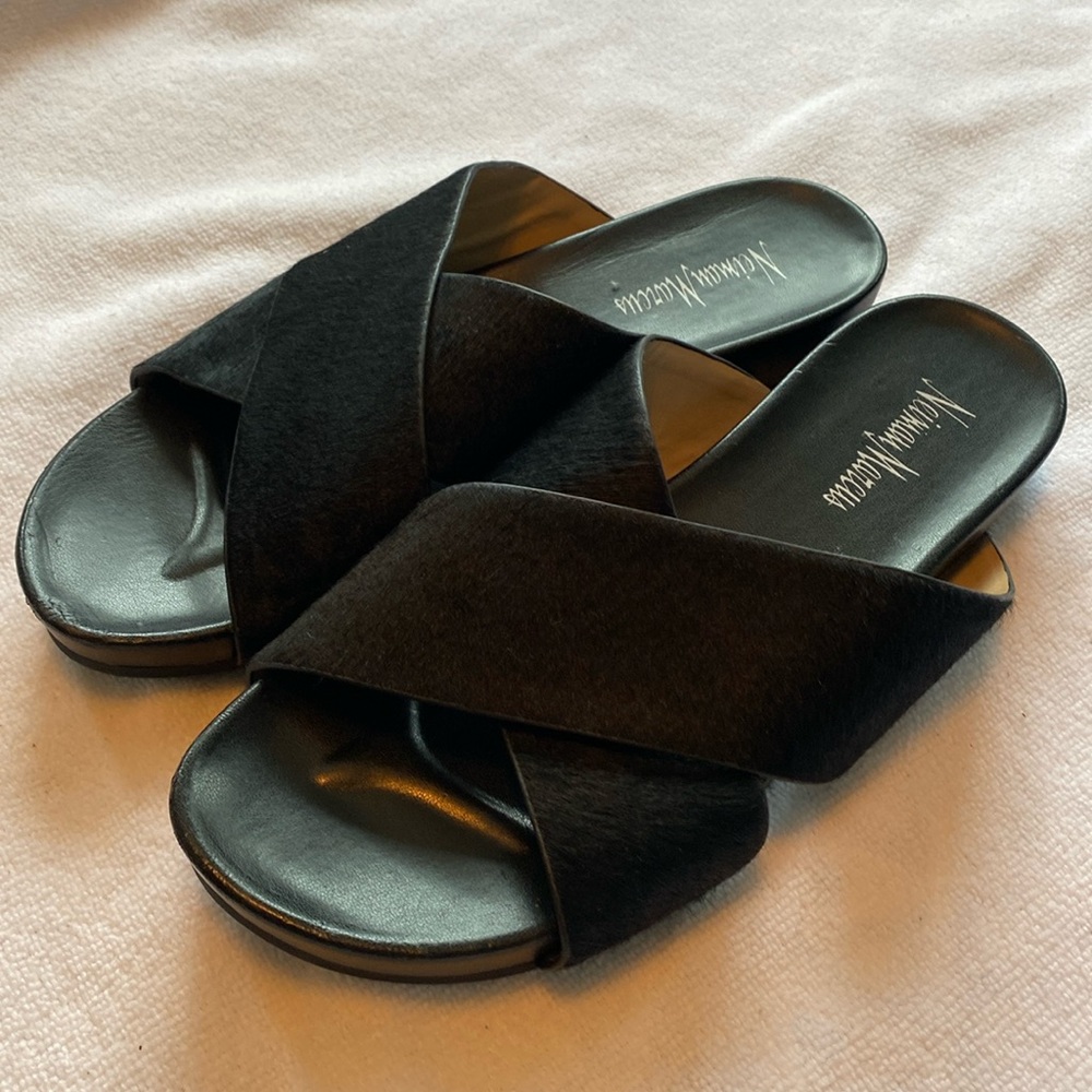 Neiman Marcus Leather Calf Hair Slides